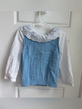 Janie and Jack Blue Cable Knit Sweater with White Eyelet Collar & Sleeves